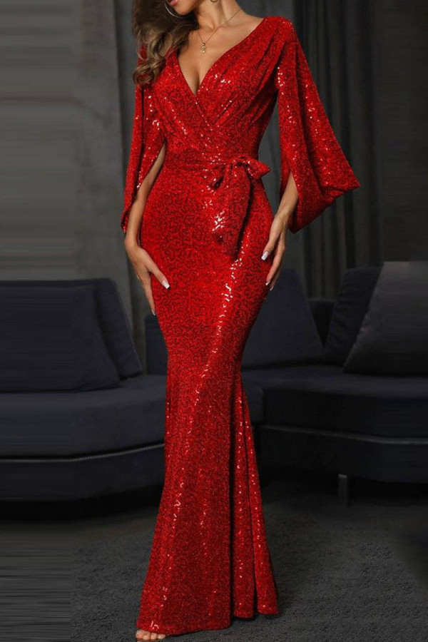 Vestido de noche con cuello en V de patchwork de lentejuelas de vendaje sólido elegante rojo Vestidos