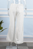 Pantalones de color liso rectos de cintura media sueltos con bolsillo de retazos lisos de calle casual blanco