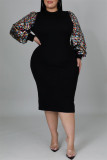 Ink Green Casual Patchwork Sequins Half A Turtleneck Long Sleeve Plus Size Dresses