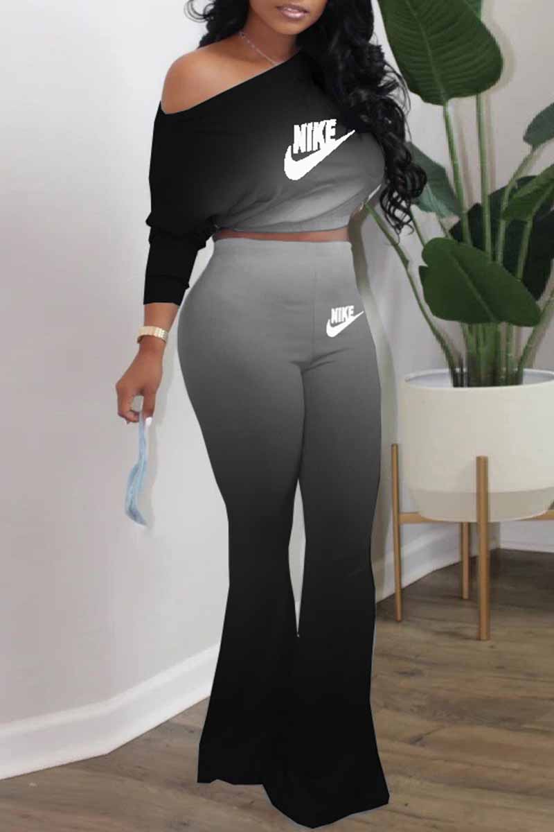 

Black Casual Gradual Change Letter Oblique Collar Long Sleeve Two Pieces