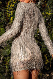 アプリコット セクシー ソリッド タッセル スパンコール パッチワーク O ネック ペンシル スカート ドレス
