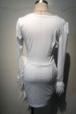 ホワイト セクシー ソリッド パッチワーク シースルー フェザー O ネック ペンシル スカート ドレス