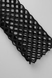 Vestidos casuais pretos sexy letra patchwork vazado transparente com gola O de manga comprida