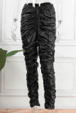 Negro casual calle sólido vendaje patchwork doblar regular cintura media lápiz color sólido fondos
