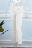 Weiße, lässige, solide Patchwork-Hose mit Gürtel, gerader, einfarbiger Hose mit hoher Taille