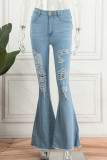 Jeans jeans azul bebê casual sólido rasgado cintura alta regular