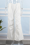 Pantaloni casual dritti in tinta unita a vita media allentati con tasca patchwork tinta unita bianca