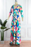 Vestidos saia multicolorido com estampa de patchwork decote em v e cintura