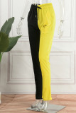 Calça preta amarela casual patchwork contraste regular cintura alta