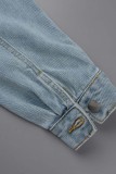 Jaqueta jeans azul bebê casual patchwork sólido manga longa manga longa