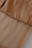 Prendas de abrigo de cuello vuelto con cremallera de patchwork sólido informal marrón