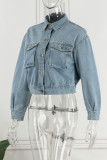 Baby Blue Casual Solid Patchwork Turndown Collar Long Sleeve Regular Denim Jacket