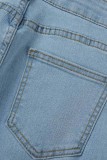Голубые повседневные однотонные рваные джинсы с высокой талией