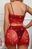 Красное сексуальное однотонное прозрачное женское белье в стиле пэчворк