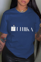 Camisetas con cuello en O de letras de retazos con estampado diario casual azul marino