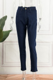 Donkerblauwe casual effen patchwork skinny jeans met hoge taille