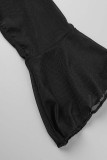 Zwarte sexy straatprint patchwork doorschijnende O-hals eenstaps rokjurken