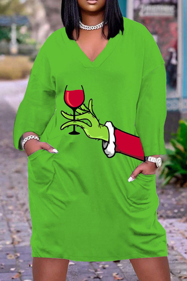 Мятно-зеленые повседневные прямые платья с принтом в стиле пэчворк и V-образным вырезом
