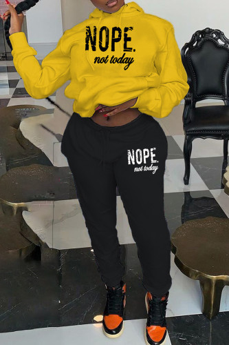 Yellow Casual Letter Print Hooded Collar Long Sleeve Sweatshirt And Pants Sportwear Two Piece Jogger Set