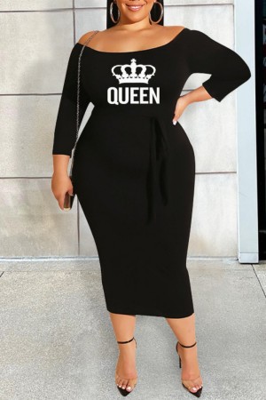 Zwarte casual letterprint met riem Off-shoulder eenstaps rok Grote maten jurken