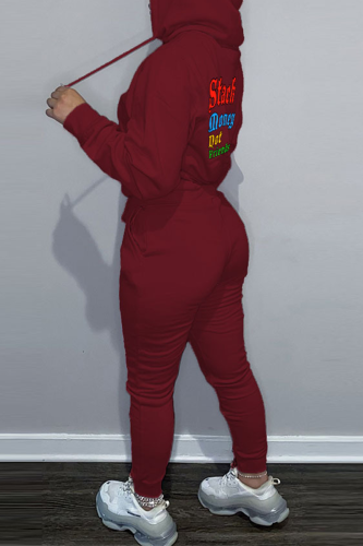 Burgundy Casual Letter Print Hooded Collar Long Sleeve Sweatshirt And Pants Sportwear Two Piece Jogger Set