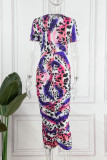 Blue Casual Print Fold O Neck Short Sleeve Dress