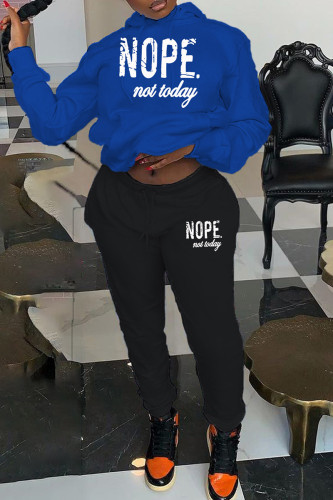 Blue Casual Letter Print Hooded Collar Long Sleeve Sweatshirt And Pants Sportwear Two Piece Jogger Set