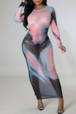 Flerfärgad sexigt tryck lapptäcke Genomskinliga O-hals pennkjol klänningar