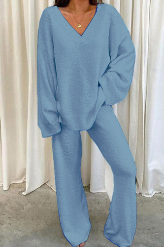 Light Blue Casual Solid Patchwork V Neck Long Sleeve Two Pieces