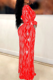Röd Sexig Solid Patchwork Genomskinlig asymmetrisk Hot Drill Spaghetti Strap Sling Dress Klänningar