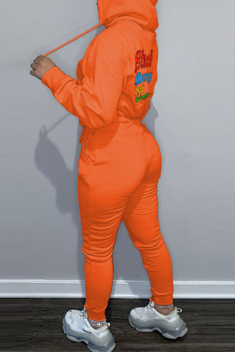 Orange Casual Letter Print Hooded Collar Long Sleeve Sweatshirt And Pants Sportwear Two Piece Jogger Set