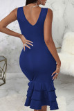 Blue Sexy Solid Patchwork Flounce V Neck Straight Dresses