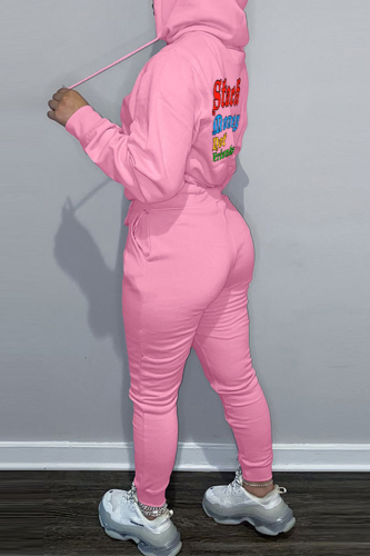 Pink Casual Letter Print Hooded Collar Long Sleeve Sweatshirt And Pants Sportwear Two Piece Jogger Set
