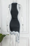 黒のセクシーなプリント パッチワーク 非対称 O ネック イレギュラー ドレス ドレス
