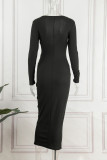 Черные сексуальные сплошные выдолбленные лоскутные платья с V-образным вырезом и юбкой-карандашом