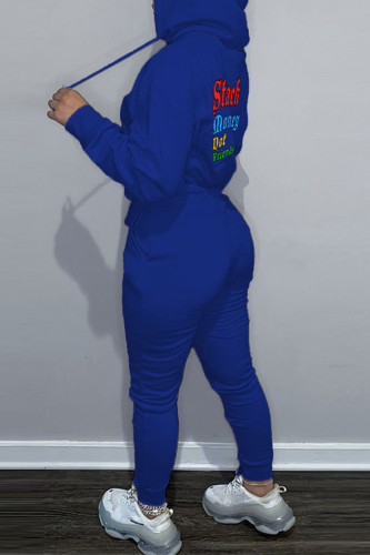 Blue Casual Letter Print Hooded Collar Long Sleeve Sweatshirt And Pants Sportwear Two Piece Jogger Set