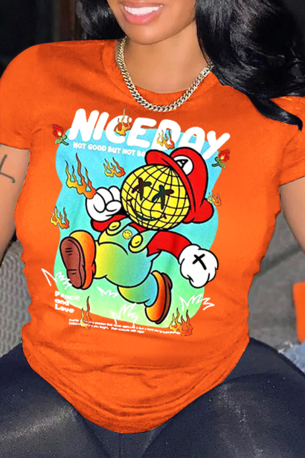 Orange, lässiger, niedlicher Druckbuchstabe O Neck T-Shirts