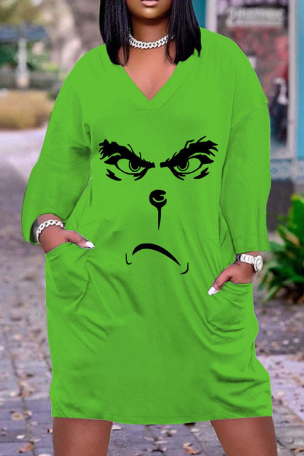 Vestidos retos com decote em V e estampa casual verde mostarda