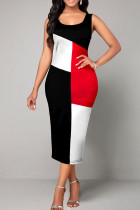 Zwart rood casual print patchwork U-hals rechte jurken