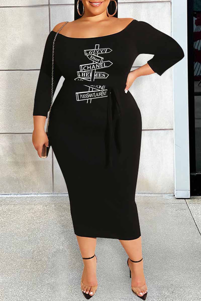 

Black Elegant Print Letter With Belt Off the Shoulder One Step Skirt Plus Size Dresses