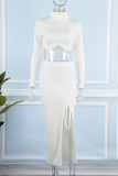 White Casual Solid Patchwork Slit Asymmetrical Turtleneck Long Sleeve Two Pieces