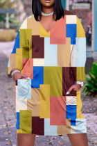 Vestidos de manga larga con cuello en V básicos de patchwork con estampado casual amarillo tierra