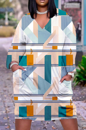 Light Orange Casual Print Patchwork Basic V Neck Long Sleeve Dresses