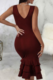 Burgundy Sexy Solid Patchwork Flounce V Neck Straight Dresses