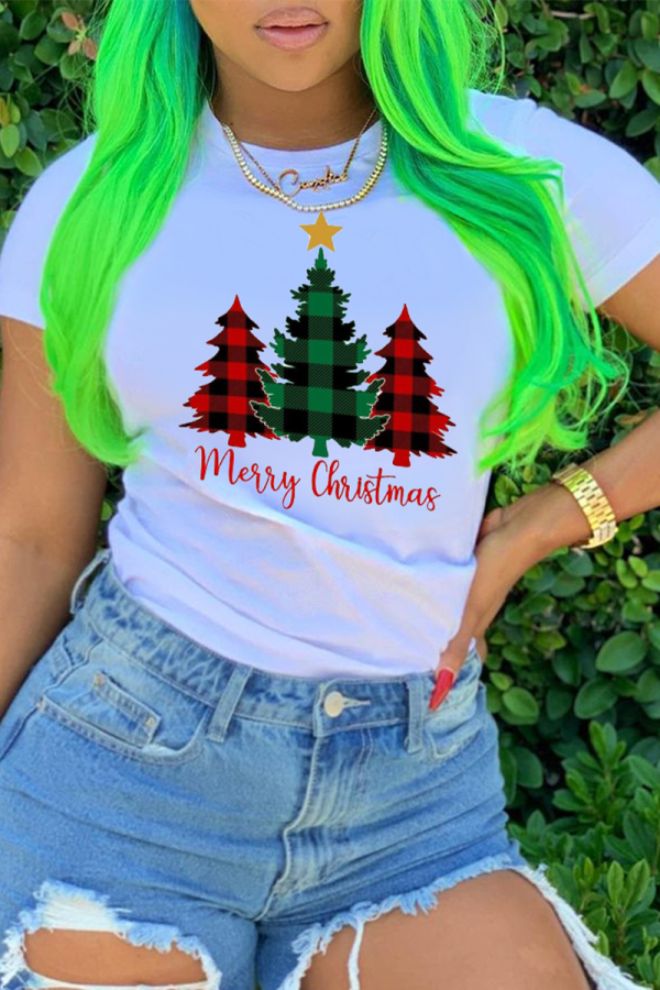 Witte Street Party kerstboom bedrukte patchwork T-shirts met letter O-hals