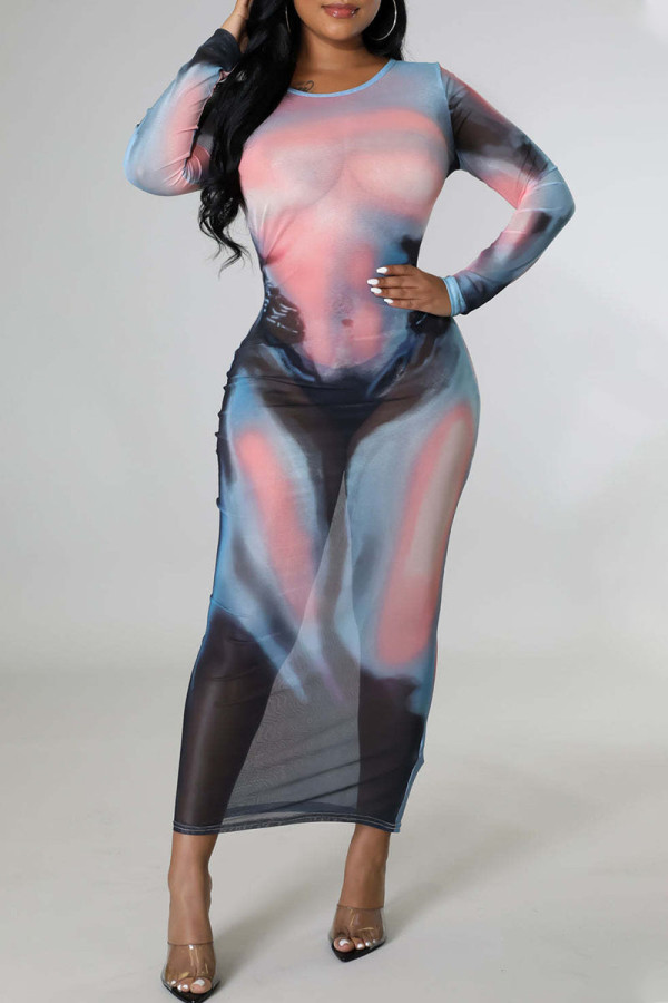 Flerfärgad sexigt tryck lapptäcke Genomskinliga O-hals pennkjol klänningar