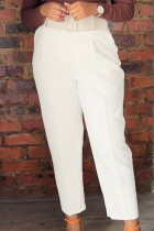 Patchwork uni décontracté blanc avec ceinture taille haute droite bas de couleur unie