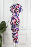 Blue Casual Print Fold O Neck Short Sleeve Dress