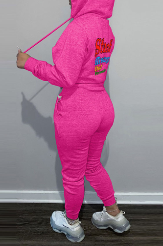 Rose Red Casual Letter Print Hooded Collar Long Sleeve Sweatshirt And Pants Sportwear Two Piece Jogger Set