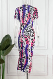 Blue Casual Print Fold O Neck Short Sleeve Dress